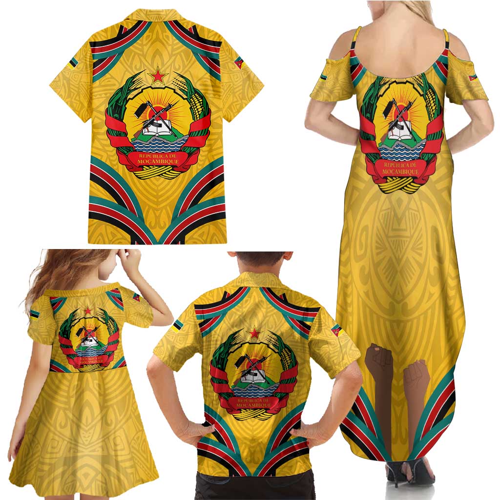 Mozambique Family Matching Summer Maxi Dress and Hawaiian Shirt with Yellow Red Green Swirl Design and Independence Day - Wonder Print Shop