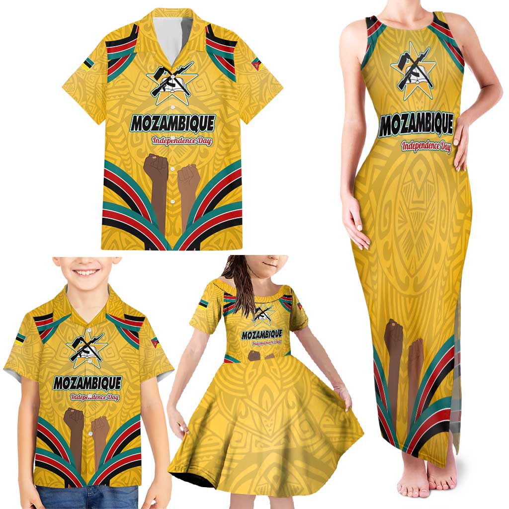 Mozambique Family Matching Tank Maxi Dress and Hawaiian Shirt with Yellow Red Green Swirl Design and Independence Day - Wonder Print Shop