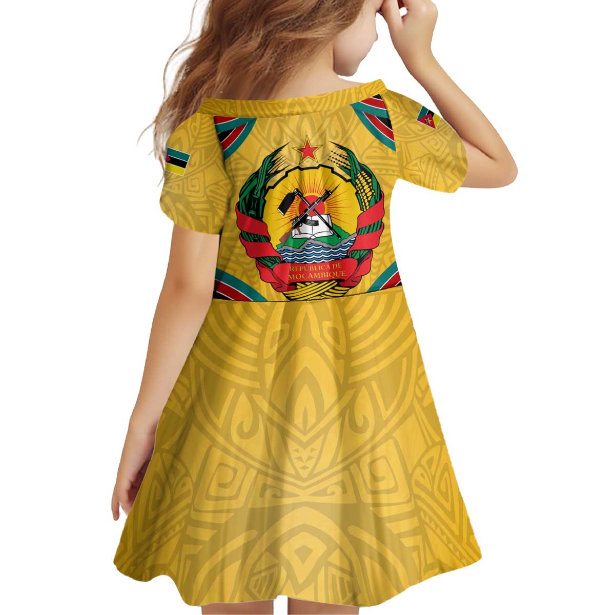 Mozambique Kid Short Sleeve Dress with Yellow Red Green Swirl Design and Independence Day - Wonder Print Shop