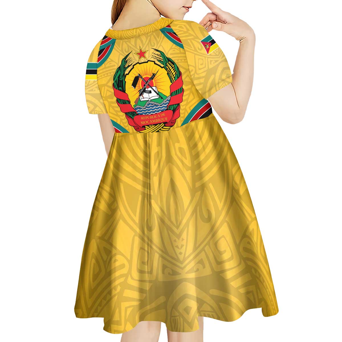 Mozambique Kid Short Sleeve Dress with Yellow Red Green Swirl Design and Independence Day - Wonder Print Shop