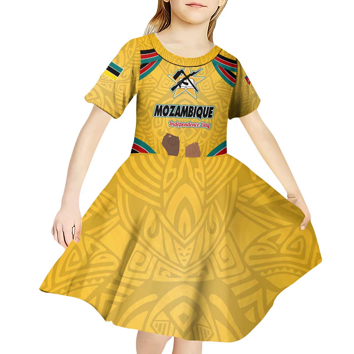 Mozambique Kid Short Sleeve Dress with Yellow Red Green Swirl Design and Independence Day - Wonder Print Shop