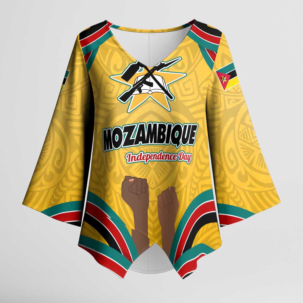 Mozambique Kimono Sleeve Blouse with Yellow Red Green Swirl Design and Independence Day - Wonder Print Shop