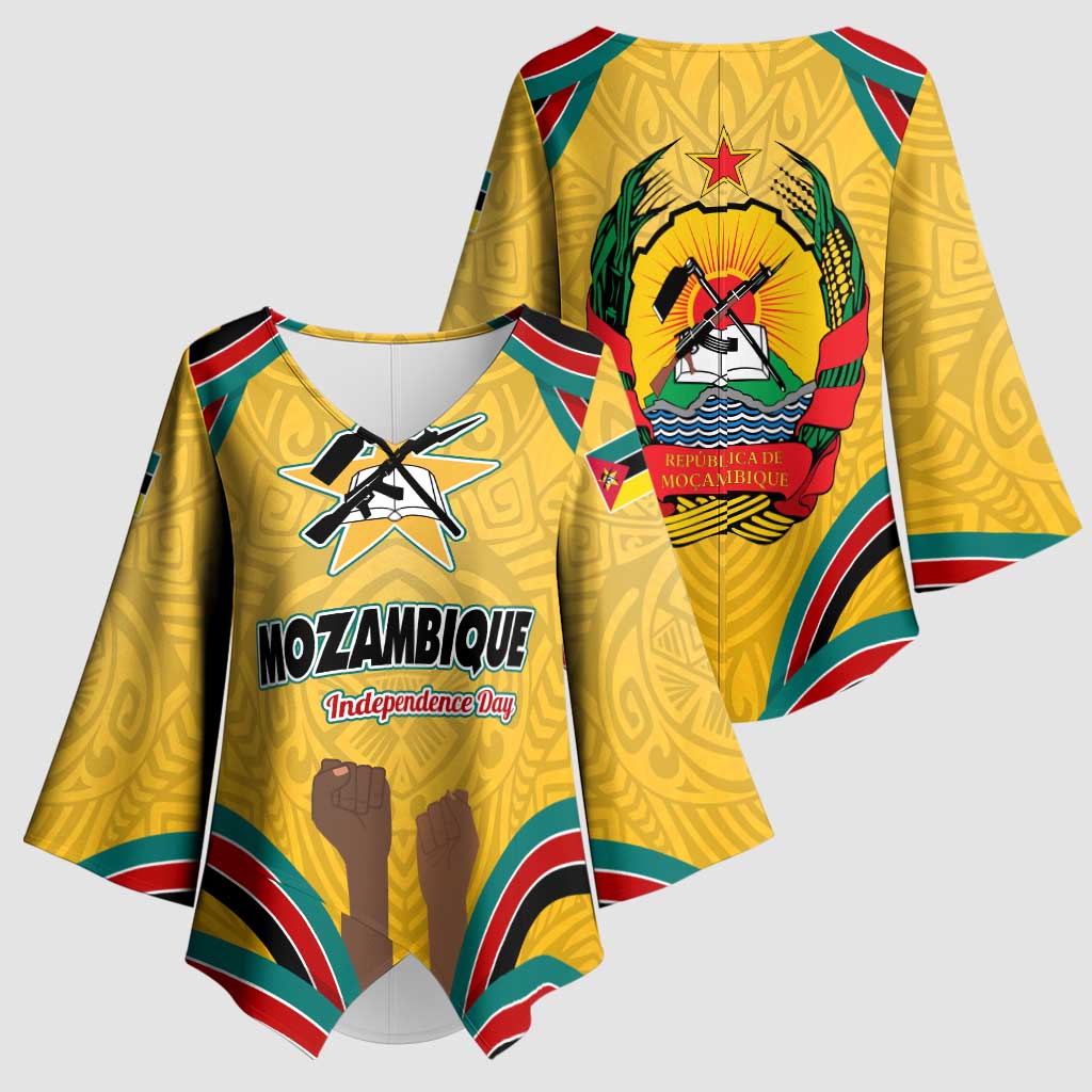 Mozambique Kimono Sleeve Blouse with Yellow Red Green Swirl Design and Independence Day - Wonder Print Shop