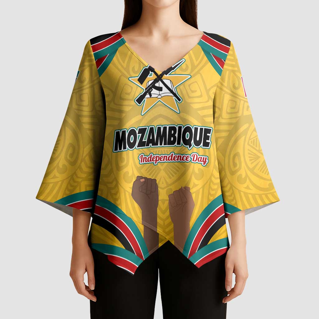 Mozambique Kimono Sleeve Blouse with Yellow Red Green Swirl Design and Independence Day - Wonder Print Shop