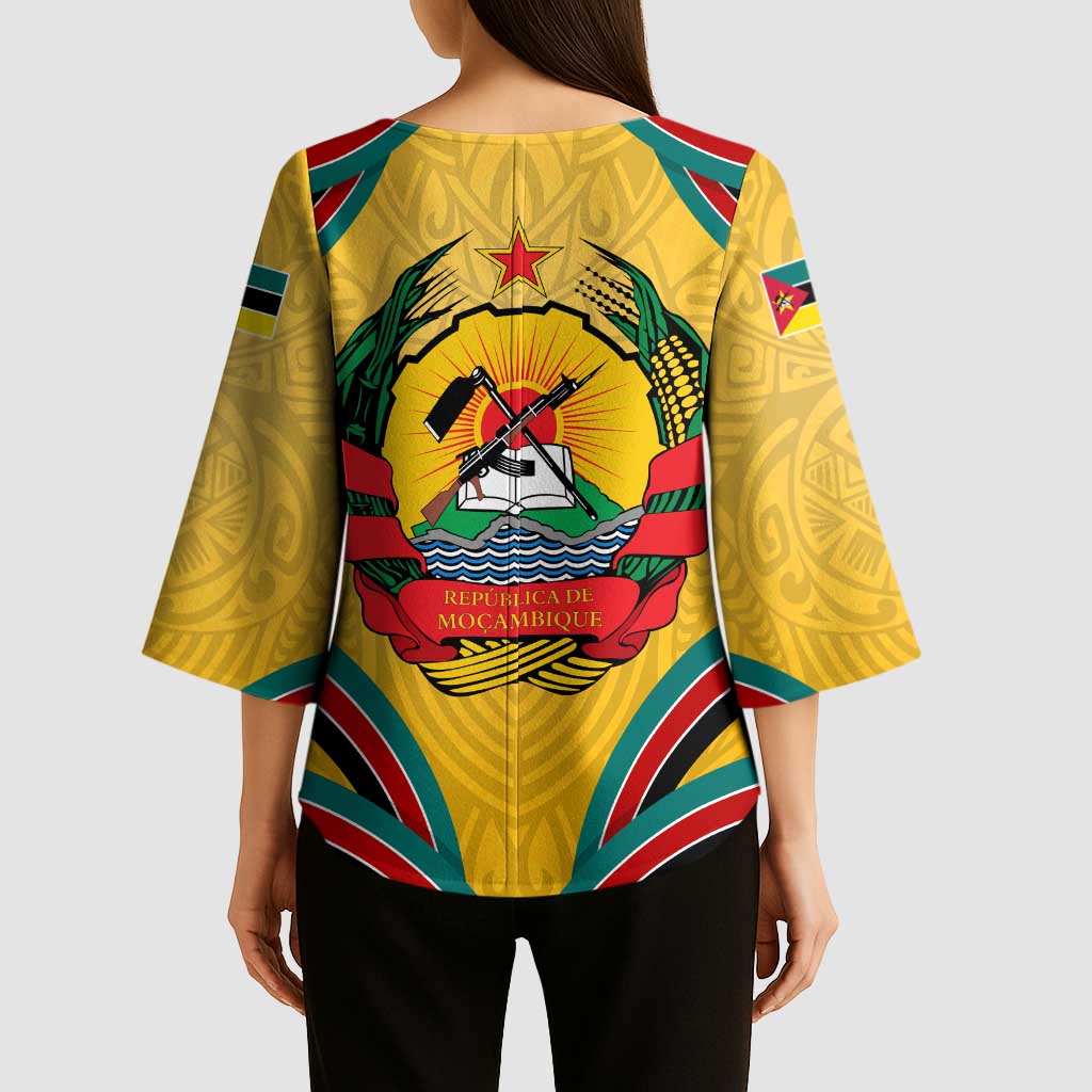 Mozambique Kimono Sleeve Blouse with Yellow Red Green Swirl Design and Independence Day - Wonder Print Shop