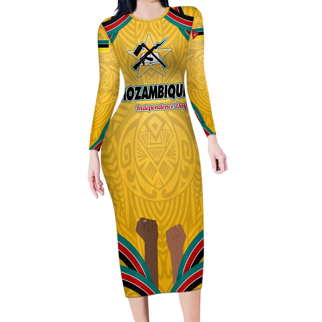 Mozambique Long Sleeve Bodycon Dress with Yellow Red Green Swirl Design and Independence Day - Wonder Print Shop