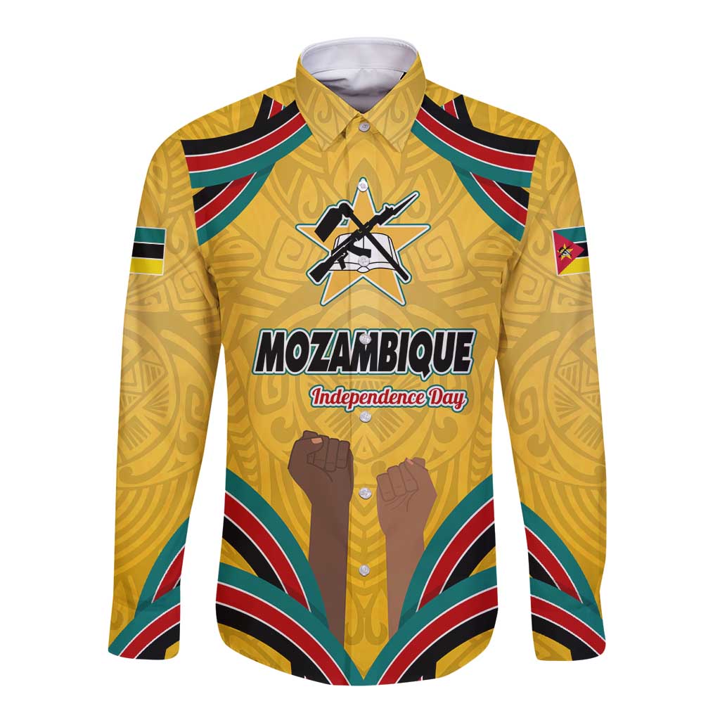 Mozambique Long Sleeve Button Shirt with Yellow Red Green Swirl Design and Independence Day - Wonder Print Shop