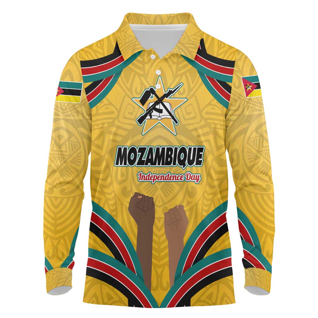 Mozambique Long Sleeve Polo Shirt with Yellow Red Green Swirl Design and Independence Day - Wonder Print Shop