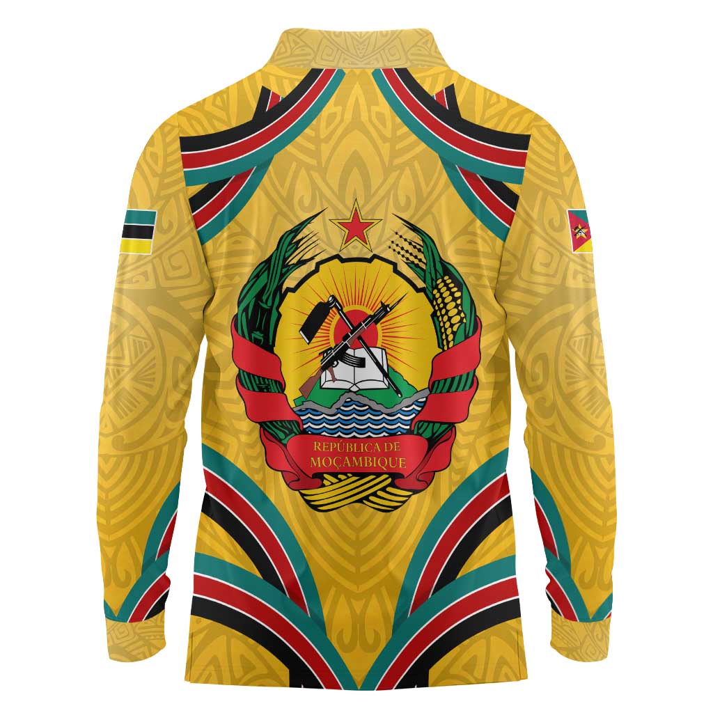 Mozambique Long Sleeve Polo Shirt with Yellow Red Green Swirl Design and Independence Day - Wonder Print Shop