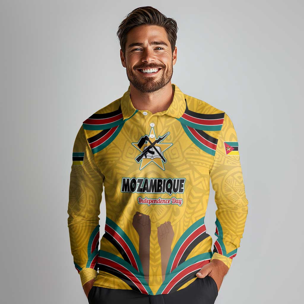Mozambique Long Sleeve Polo Shirt with Yellow Red Green Swirl Design and Independence Day - Wonder Print Shop