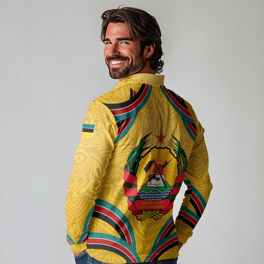 Mozambique Long Sleeve Polo Shirt with Yellow Red Green Swirl Design and Independence Day - Wonder Print Shop