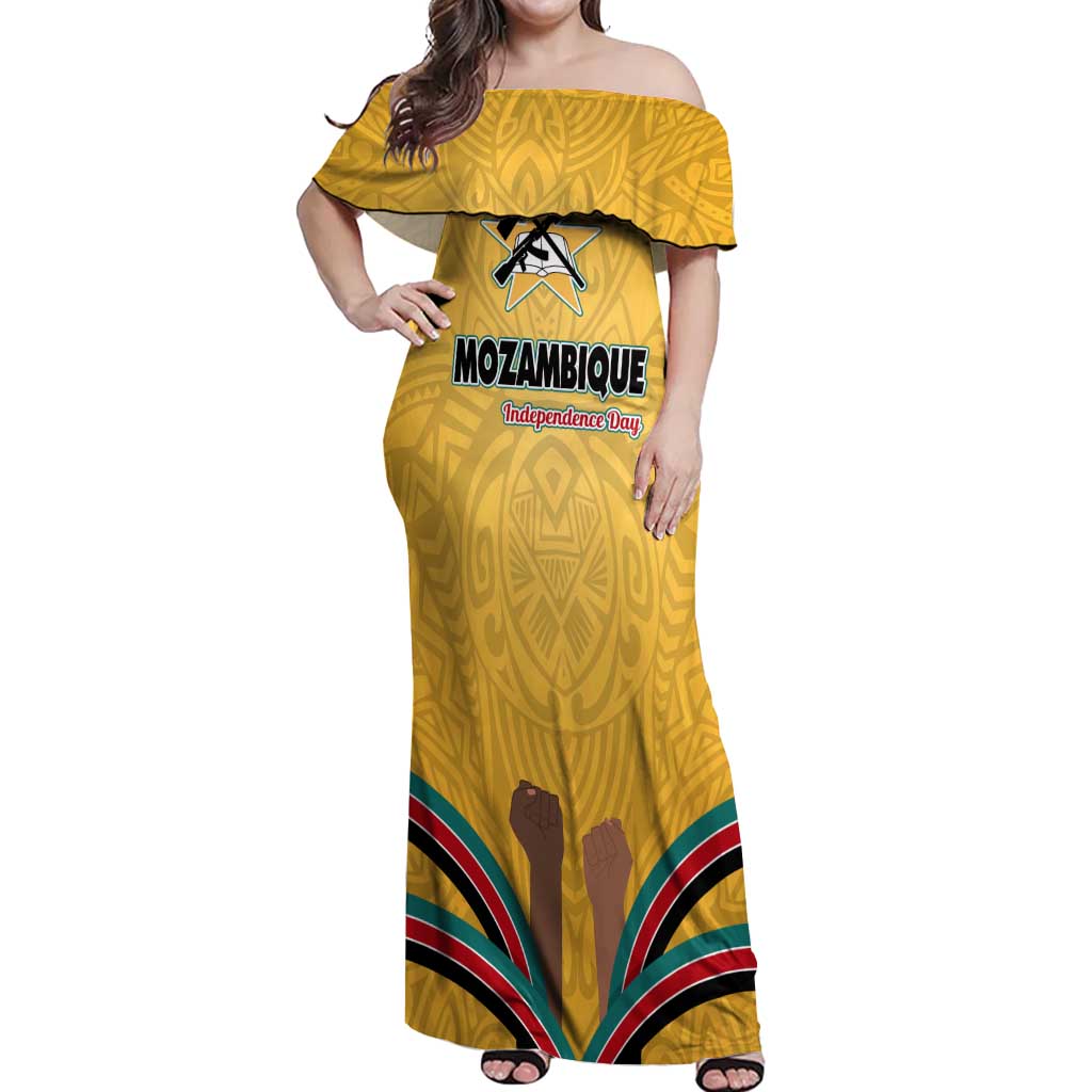 Mozambique Off Shoulder Maxi Dress with Yellow Red Green Swirl Design and Independence Day - Wonder Print Shop