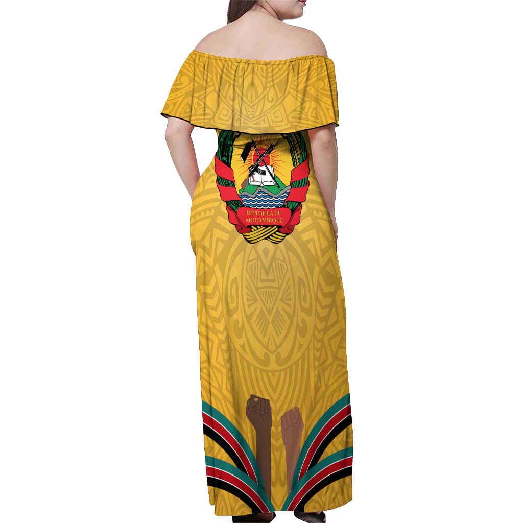 Mozambique Off Shoulder Maxi Dress with Yellow Red Green Swirl Design and Independence Day - Wonder Print Shop