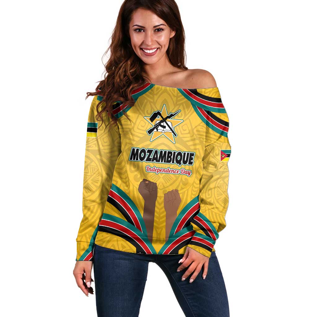 Mozambique Off Shoulder Sweater with Yellow Red Green Swirl Design and Independence Day - Wonder Print Shop