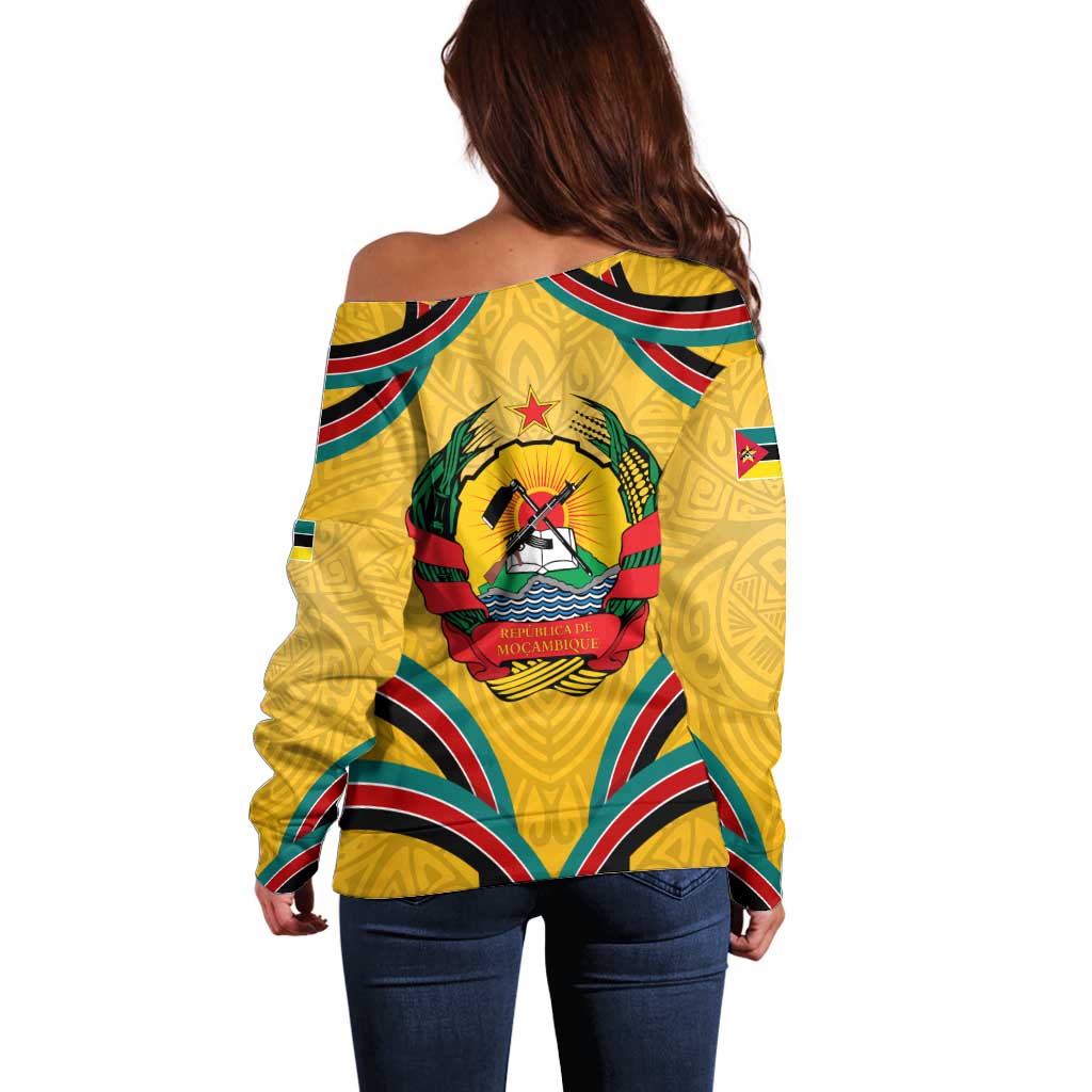 Mozambique Off Shoulder Sweater with Yellow Red Green Swirl Design and Independence Day - Wonder Print Shop