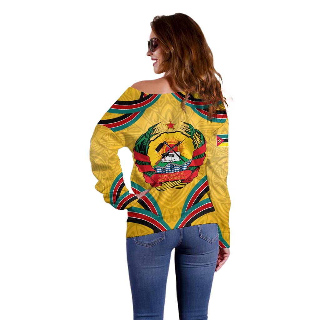 Mozambique Off Shoulder Sweater with Yellow Red Green Swirl Design and Independence Day - Wonder Print Shop
