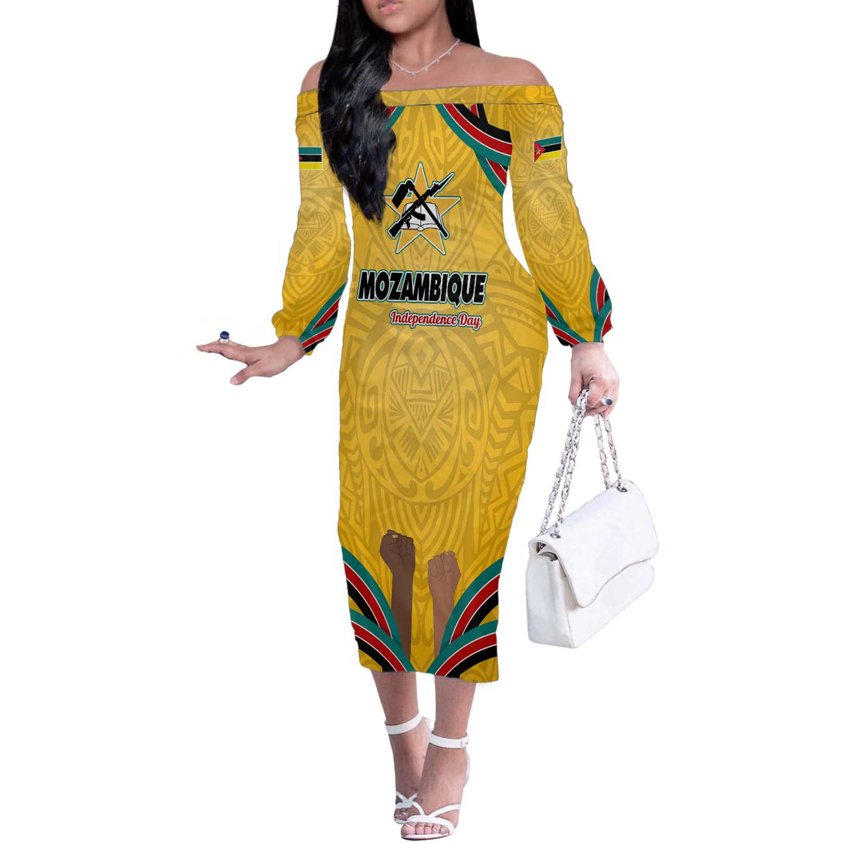 Mozambique Off The Shoulder Long Sleeve Dress with Yellow Red Green Swirl Design and Independence Day - Wonder Print Shop
