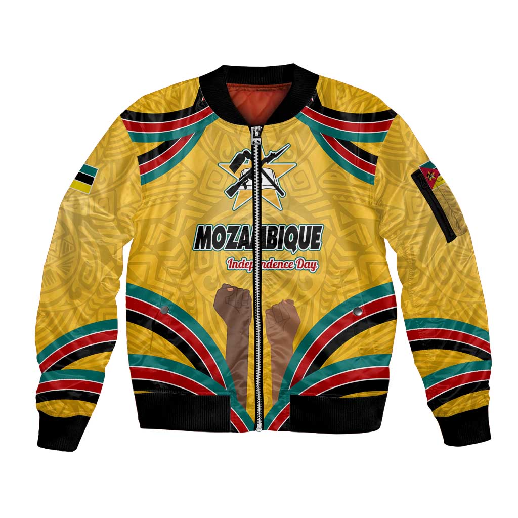 Mozambique Sleeve Zip Bomber Jacket with Yellow Red Green Swirl Design and Independence Day - Wonder Print Shop