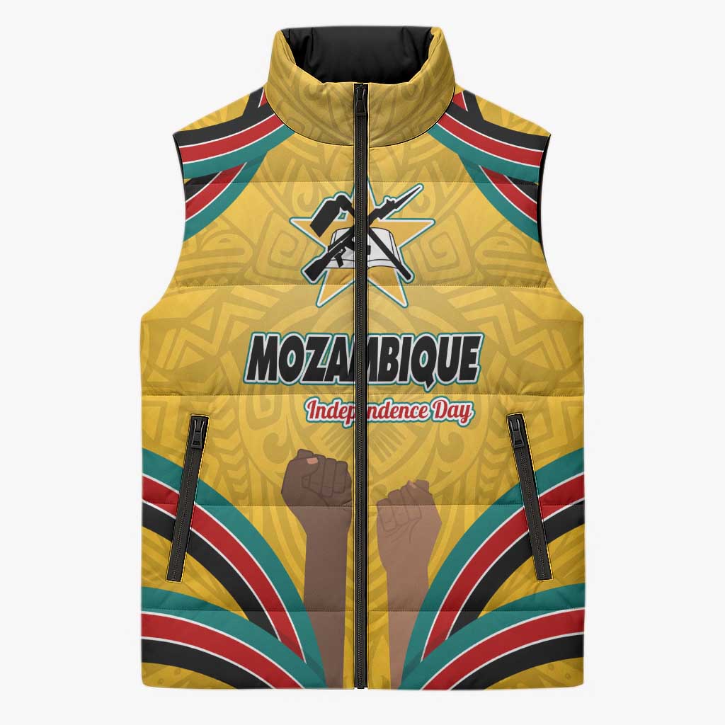 Mozambique Sleeveless Puffer Jacket with Yellow Red Green Swirl Design and Independence Day - Wonder Print Shop