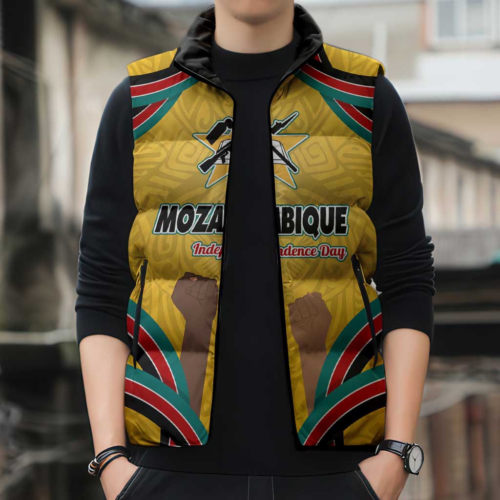 Mozambique Sleeveless Puffer Jacket with Yellow Red Green Swirl Design and Independence Day - Wonder Print Shop