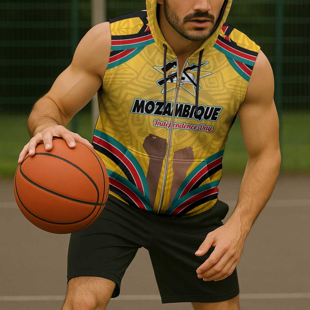 Mozambique Sleeveless Zip Hoodie with Yellow Red Green Swirl Design and Independence Day - Wonder Print Shop