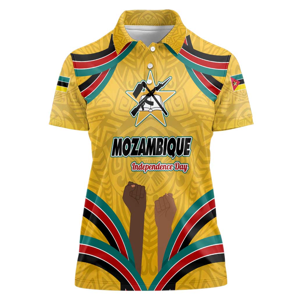 Mozambique Women Polo Shirt with Yellow Red Green Swirl Design and Independence Day - Wonder Print Shop