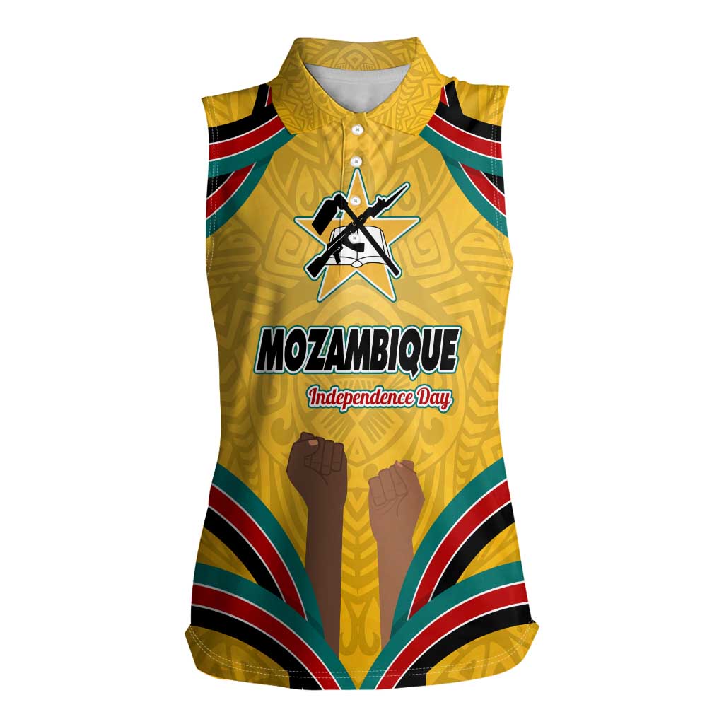 Mozambique Women Sleeveless Polo Shirt with Yellow Red Green Swirl Design and Independence Day - Wonder Print Shop