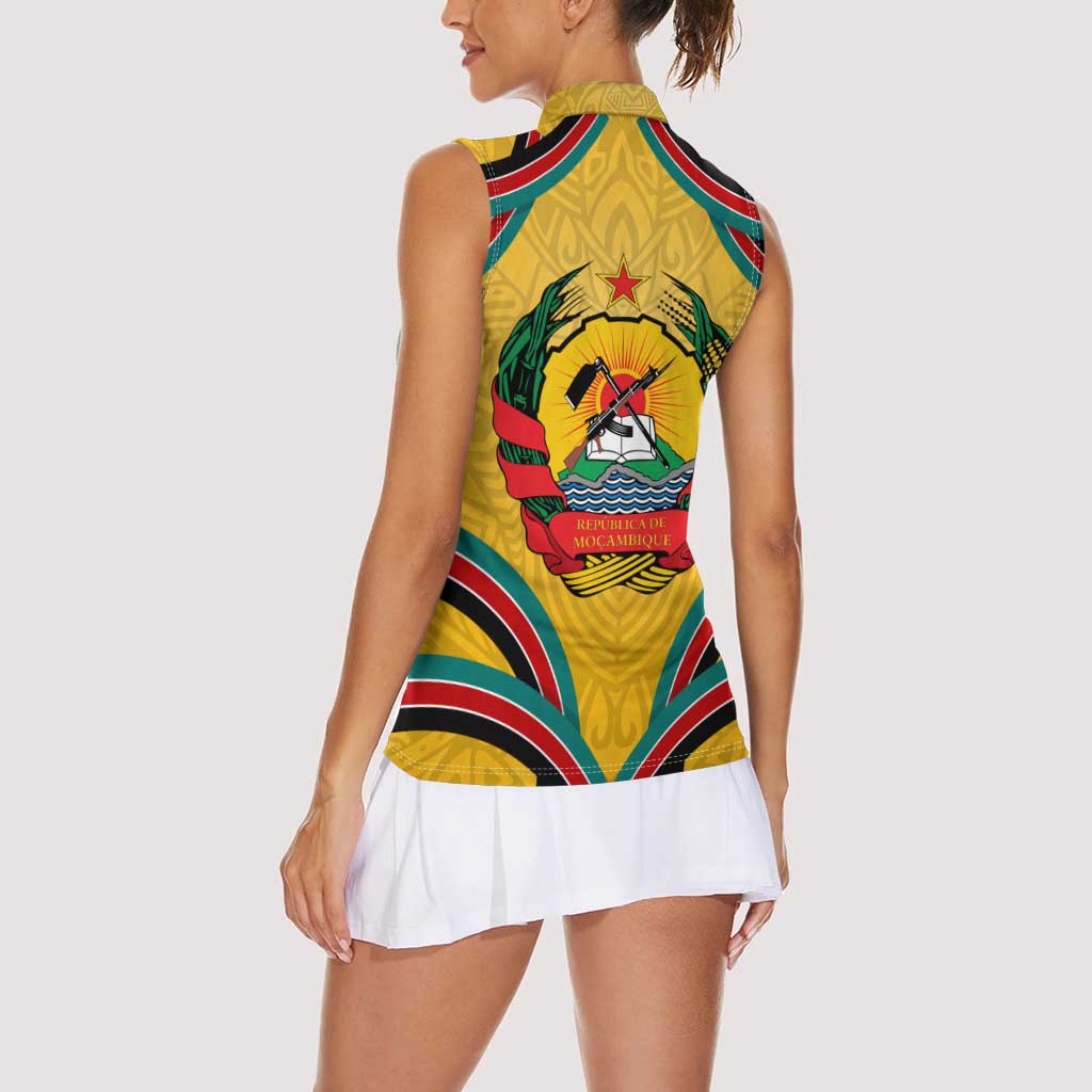 Mozambique Women Sleeveless Polo Shirt with Yellow Red Green Swirl Design and Independence Day - Wonder Print Shop