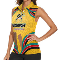 Mozambique Women Sleeveless Polo Shirt with Yellow Red Green Swirl Design and Independence Day - Wonder Print Shop
