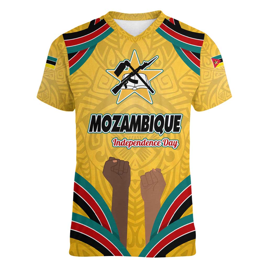Mozambique Women V-Neck T-Shirt with Yellow Red Green Swirl Design and Independence Day - Wonder Print Shop