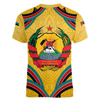 Mozambique Women V-Neck T-Shirt with Yellow Red Green Swirl Design and Independence Day - Wonder Print Shop