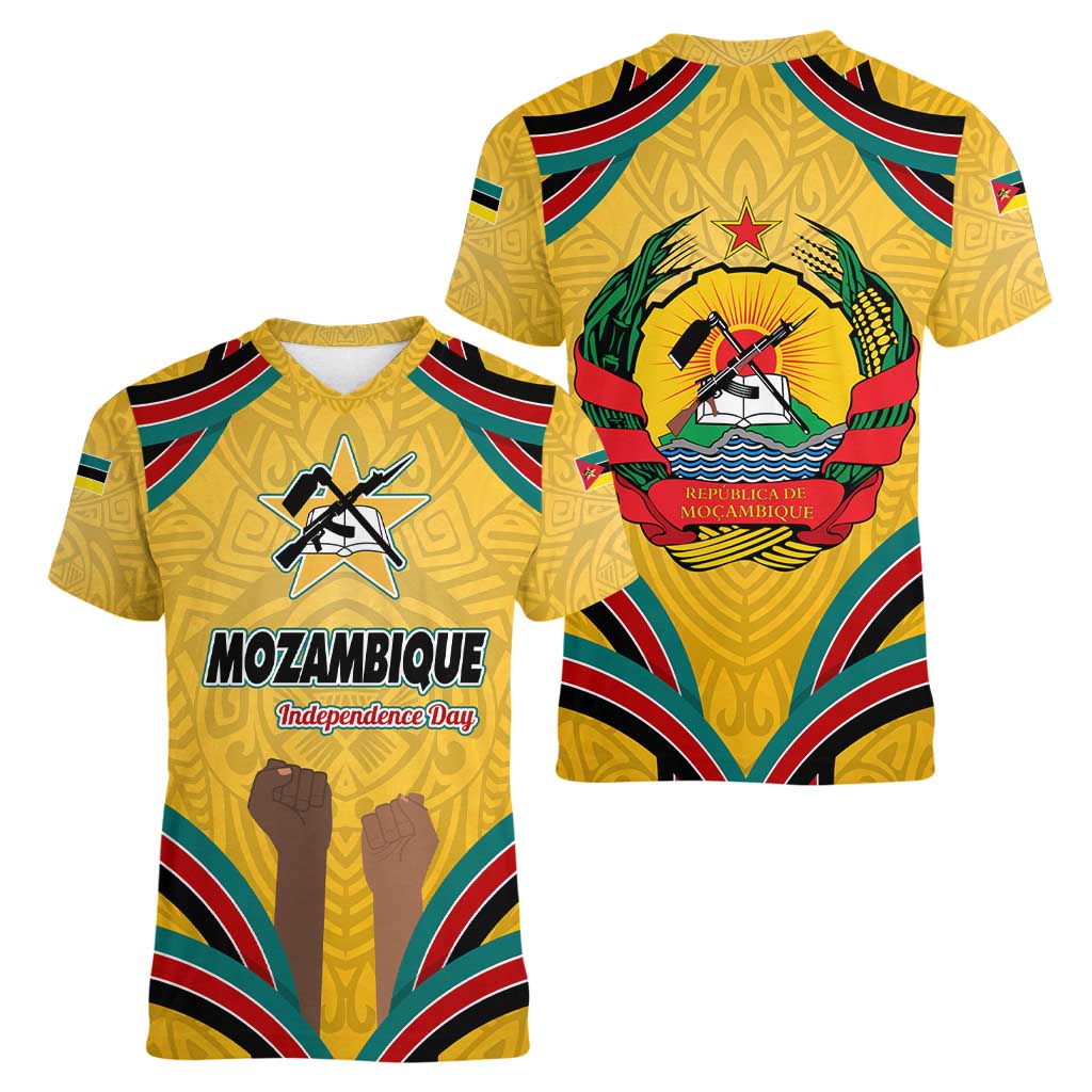 Mozambique Women V-Neck T-Shirt with Yellow Red Green Swirl Design and Independence Day - Wonder Print Shop