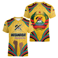 Mozambique Women V-Neck T-Shirt with Yellow Red Green Swirl Design and Independence Day - Wonder Print Shop