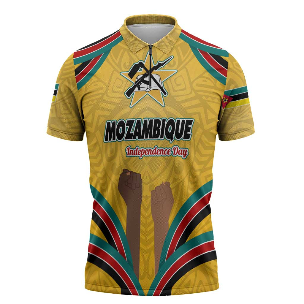 Mozambique Zipper Polo Shirt with Yellow Red Green Swirl Design and Independence Day - Wonder Print Shop