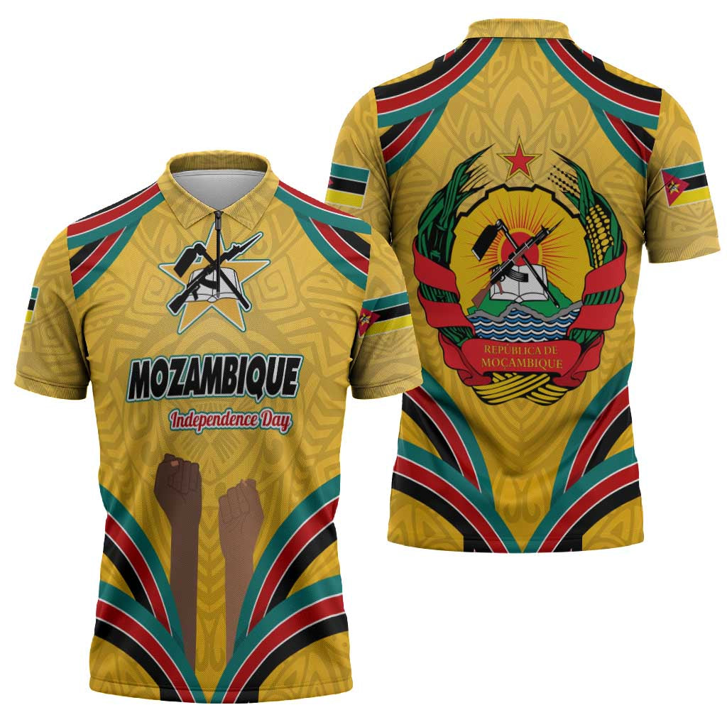 Mozambique Zipper Polo Shirt with Yellow Red Green Swirl Design and Independence Day - Wonder Print Shop