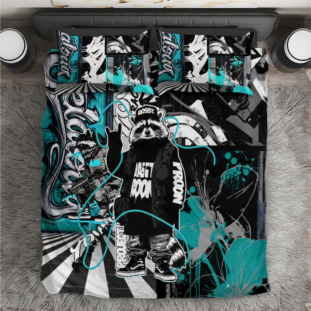Urban Rebel Raccoon Bedding Set Grunge Graffiti Street Art Abstract Collage Pop Culture
