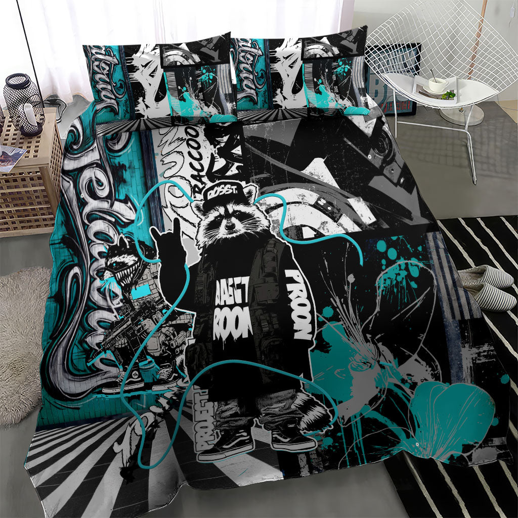 Urban Rebel Raccoon Bedding Set Grunge Graffiti Street Art Abstract Collage Pop Culture