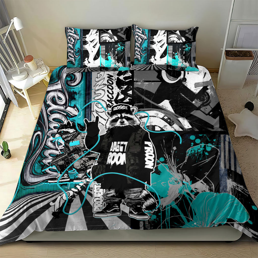 Urban Rebel Raccoon Bedding Set Grunge Graffiti Street Art Abstract Collage Pop Culture