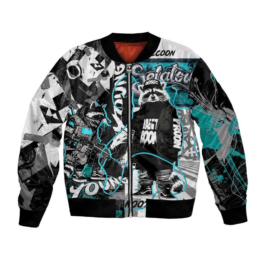 Urban Rebel Raccoon Bomber Jacket Grunge Graffiti Street Art Abstract Collage Pop Culture