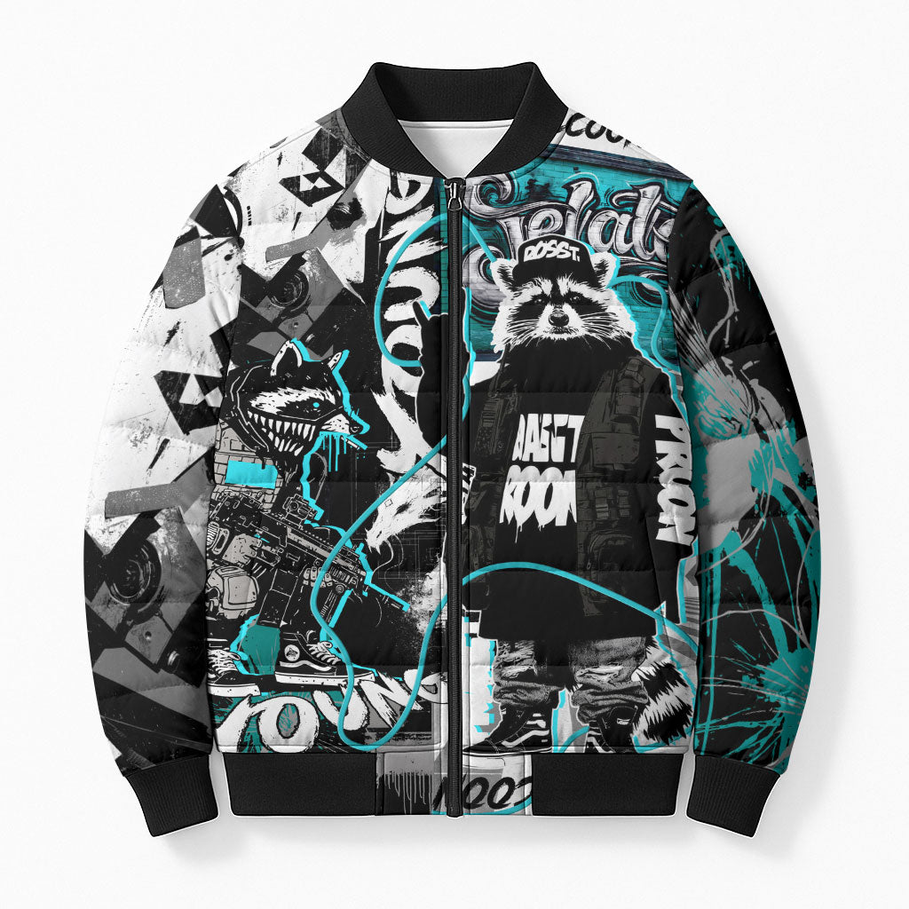 Urban Rebel Raccoon Bomber Puffer Jacket Grunge Graffiti Street Art Abstract Collage Pop Culture