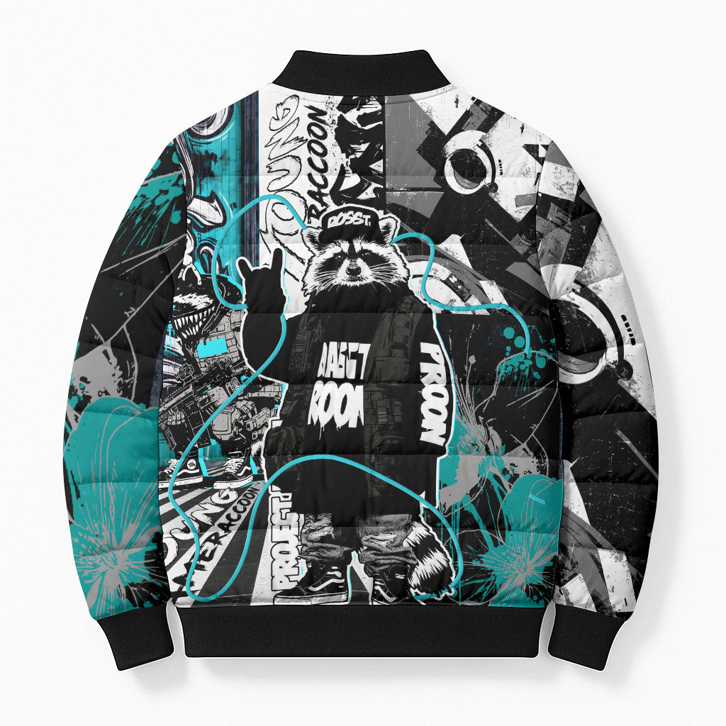 Urban Rebel Raccoon Bomber Puffer Jacket Grunge Graffiti Street Art Abstract Collage Pop Culture