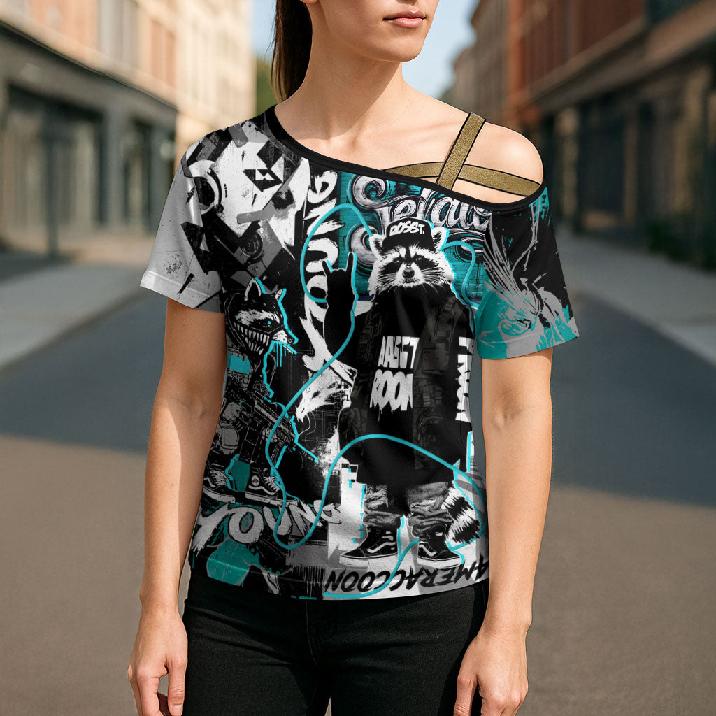 Urban Rebel Raccoon Cross Shoulder Shirt Grunge Graffiti Street Art Abstract Collage Pop Culture