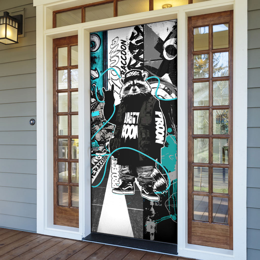 Urban Rebel Raccoon Door Cover Grunge Graffiti Street Art Abstract Collage Pop Culture