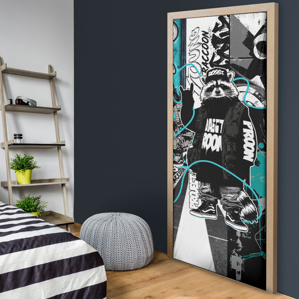Urban Rebel Raccoon Door Cover Grunge Graffiti Street Art Abstract Collage Pop Culture