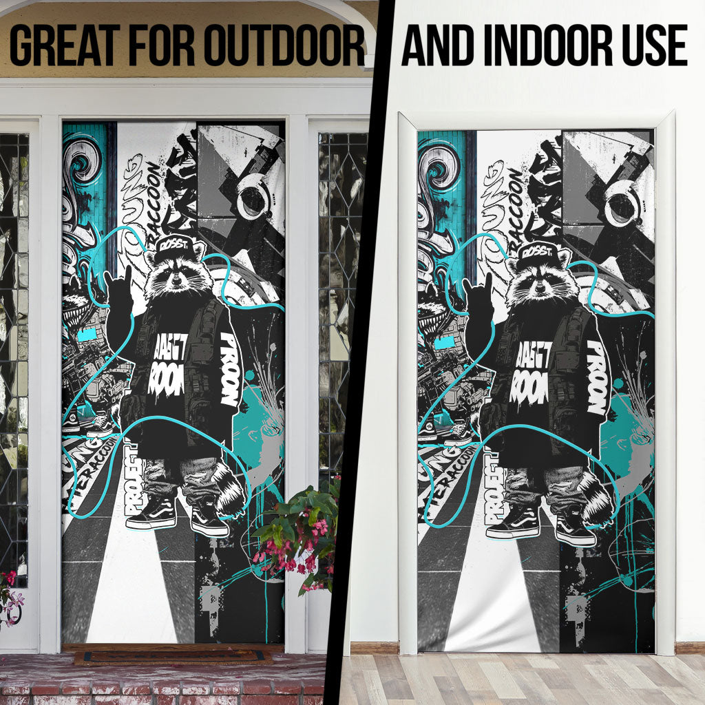 Urban Rebel Raccoon Door Cover Grunge Graffiti Street Art Abstract Collage Pop Culture