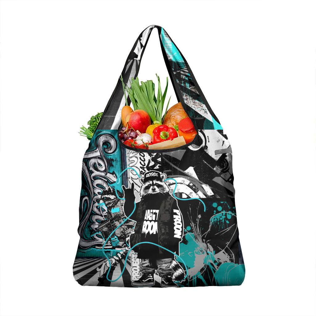 Urban Rebel Raccoon Grocery Bag Grunge Graffiti Street Art Abstract Collage Pop Culture