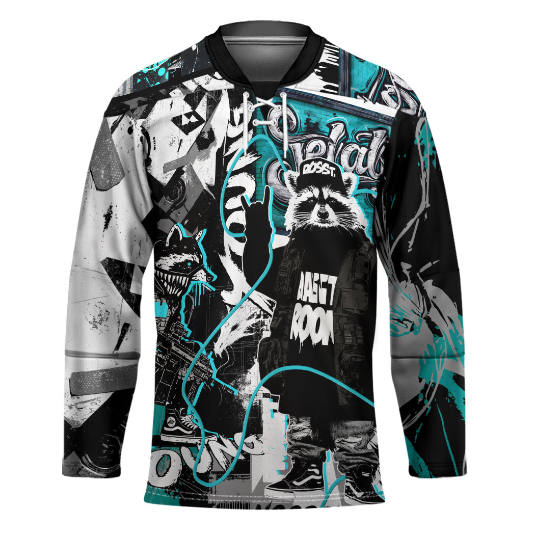 Urban Rebel Raccoon Hockey Jersey Grunge Graffiti Street Art Abstract Collage Pop Culture