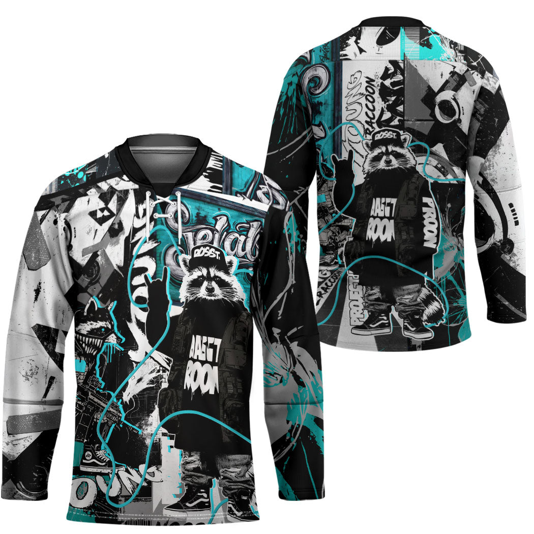 Urban Rebel Raccoon Hockey Jersey Grunge Graffiti Street Art Abstract Collage Pop Culture