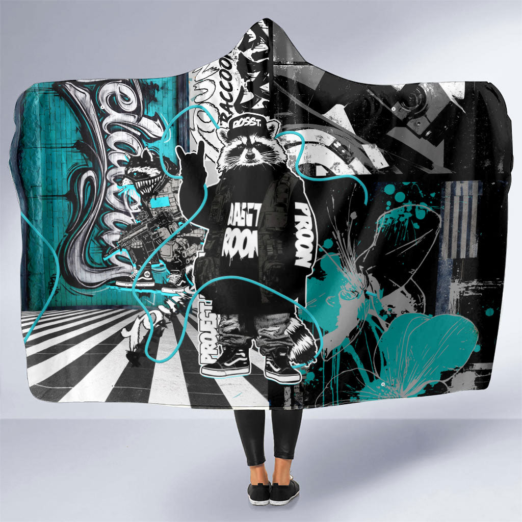 Urban Rebel Raccoon Hooded Blanket Grunge Graffiti Street Art Abstract Collage Pop Culture
