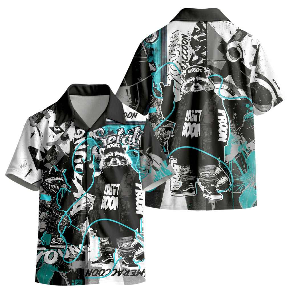 Urban Rebel Raccoon Kid Hawaiian Shirt Grunge Graffiti Street Art Abstract Collage Pop Culture